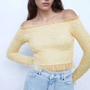 Sold-  Zara yellow organza ruffle, off-the-shoulder, cropped sweater